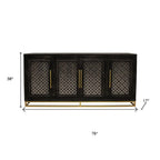 76" Black Distressed Solid Wood Carved Geometric Sideboard with Four Doors