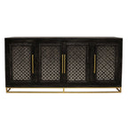 76" Black Distressed Solid Wood Carved Geometric Sideboard with Four Doors