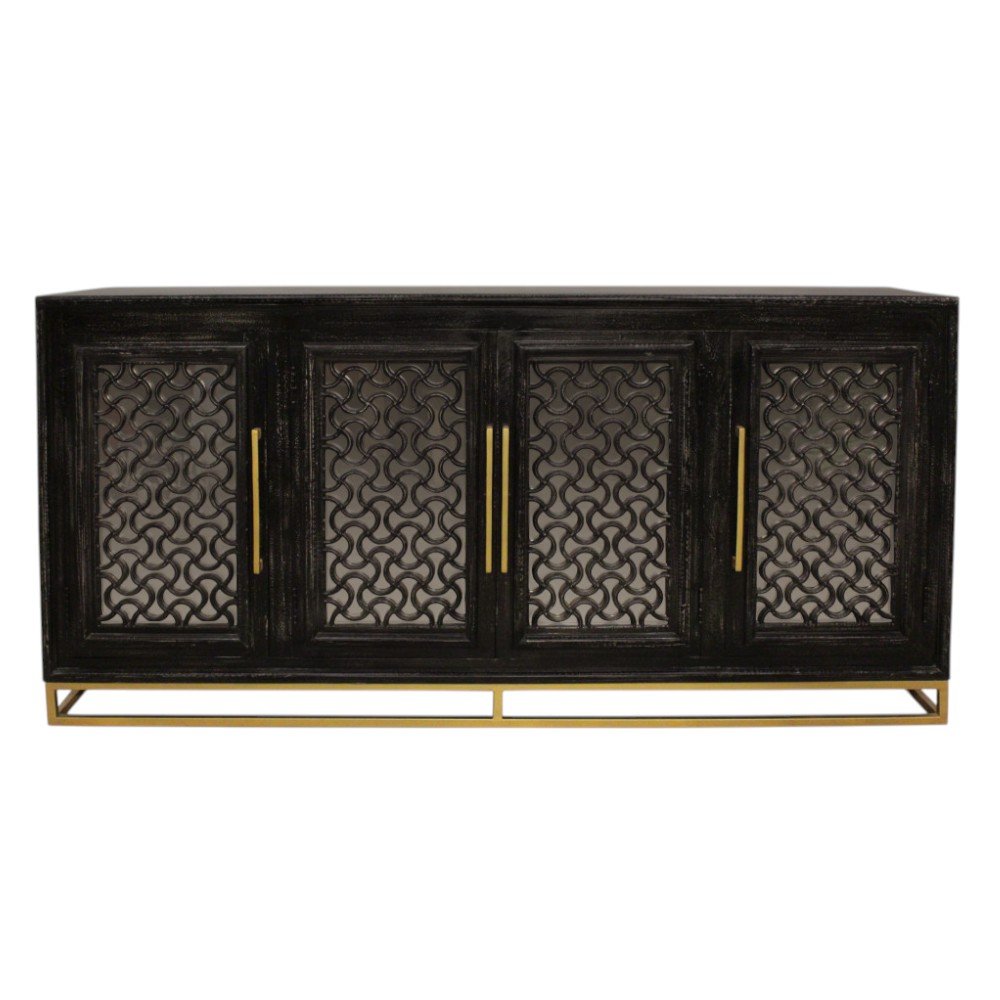76" Black Distressed Solid Wood Carved Geometric Sideboard with Four Doors