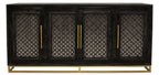 76" Black Distressed Solid Wood Carved Geometric Sideboard with Four Doors