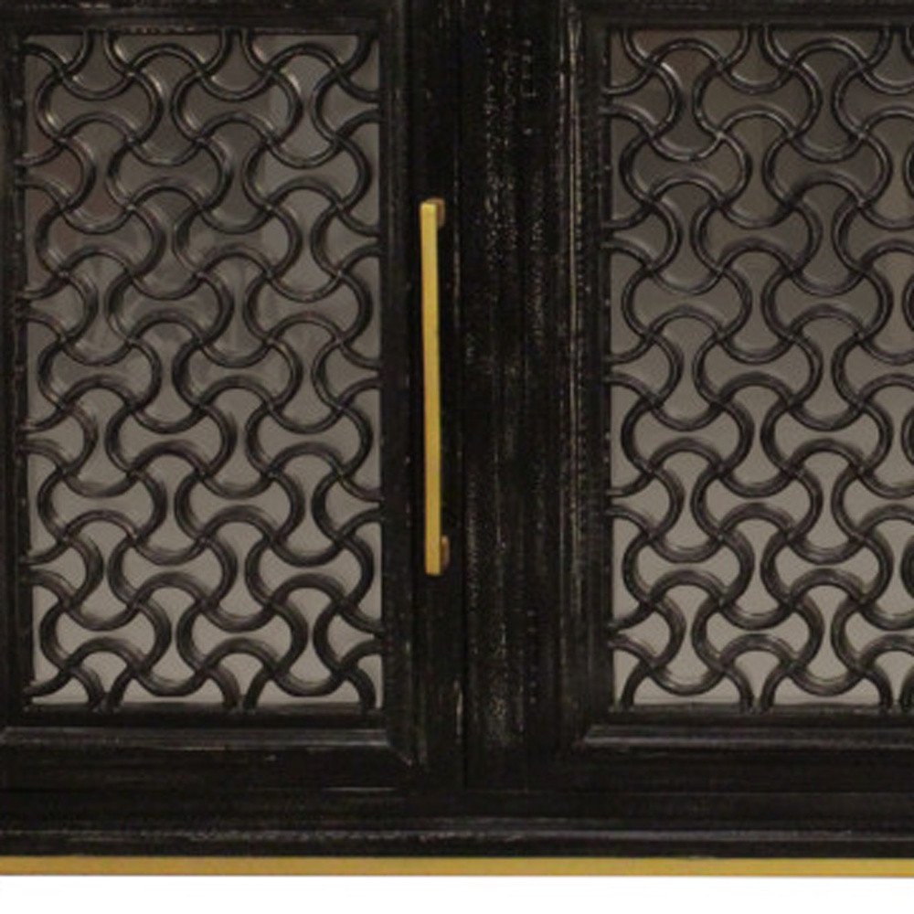 76" Black Distressed Solid Wood Carved Geometric Sideboard with Four Doors