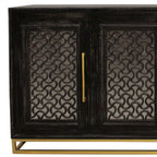 76" Black Distressed Solid Wood Carved Geometric Sideboard with Four Doors
