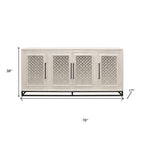 76" Antiqued White Distressed Solid Wood Carved Geometric Sideboard with Four Doors