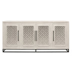 76" Antiqued White Distressed Solid Wood Carved Geometric Sideboard with Four Doors