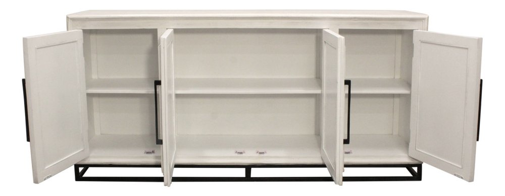 76" Antiqued White Distressed Solid Wood Carved Geometric Sideboard with Four Doors