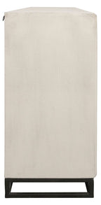 76" Antiqued White Distressed Solid Wood Carved Geometric Sideboard with Four Doors