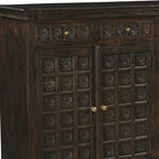 72" Black Distressed Solid Wood Carved Floral Four Drawer Sideboard with Four Doors
