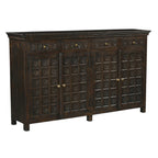 72" Black Distressed Solid Wood Carved Floral Four Drawer Sideboard with Four Doors