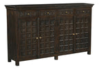 72" Black Distressed Solid Wood Carved Floral Four Drawer Sideboard with Four Doors