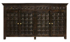 72" Black Distressed Solid Wood Carved Floral Four Drawer Sideboard with Four Doors