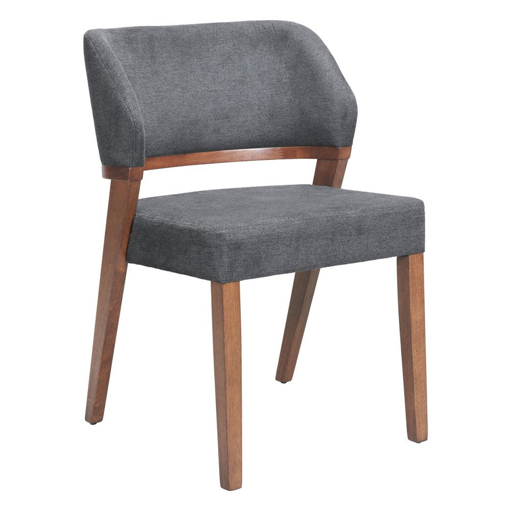 Set of Two Gray And Walnut Upholstery And Solid Wood Partially Open Back Dining Side Chairs