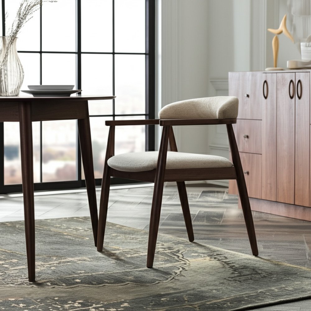 Beige And Walnut Upholstery And Solid Wood Open Back Dining Arm Chair