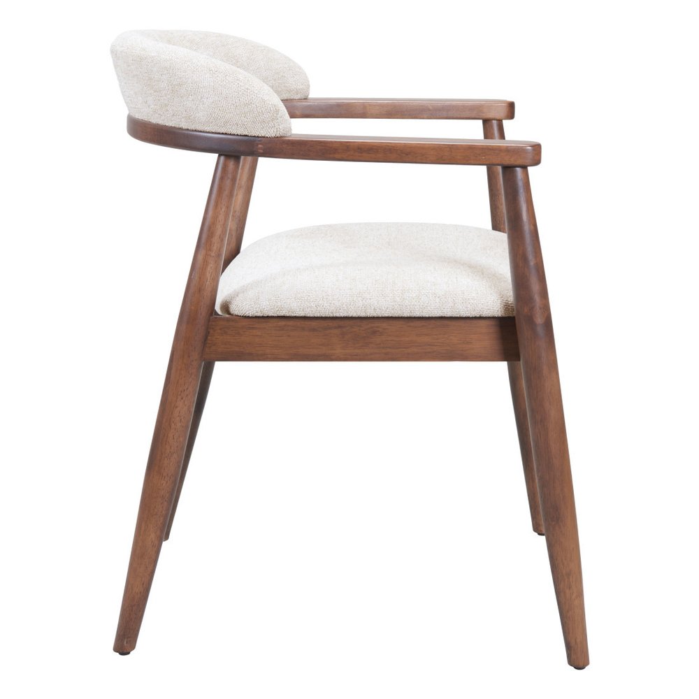 Beige And Walnut Upholstery And Solid Wood Open Back Dining Arm Chair