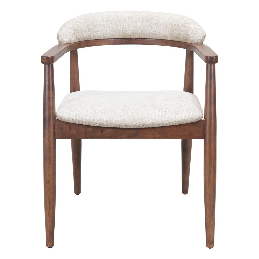 Beige And Walnut Upholstery And Solid Wood Open Back Dining Arm Chair