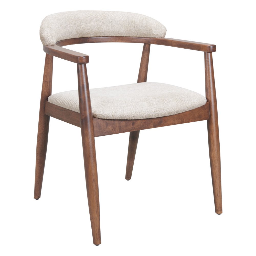Beige And Walnut Upholstery And Solid Wood Open Back Dining Arm Chair