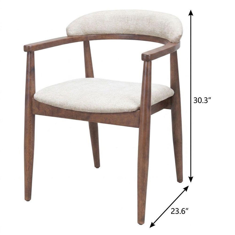 Beige And Walnut Upholstery And Solid Wood Open Back Dining Arm Chair