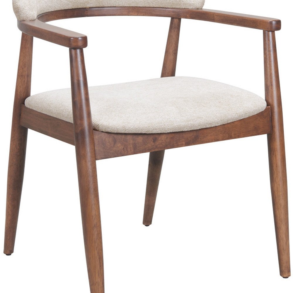 Beige And Walnut Upholstery And Solid Wood Open Back Dining Arm Chair