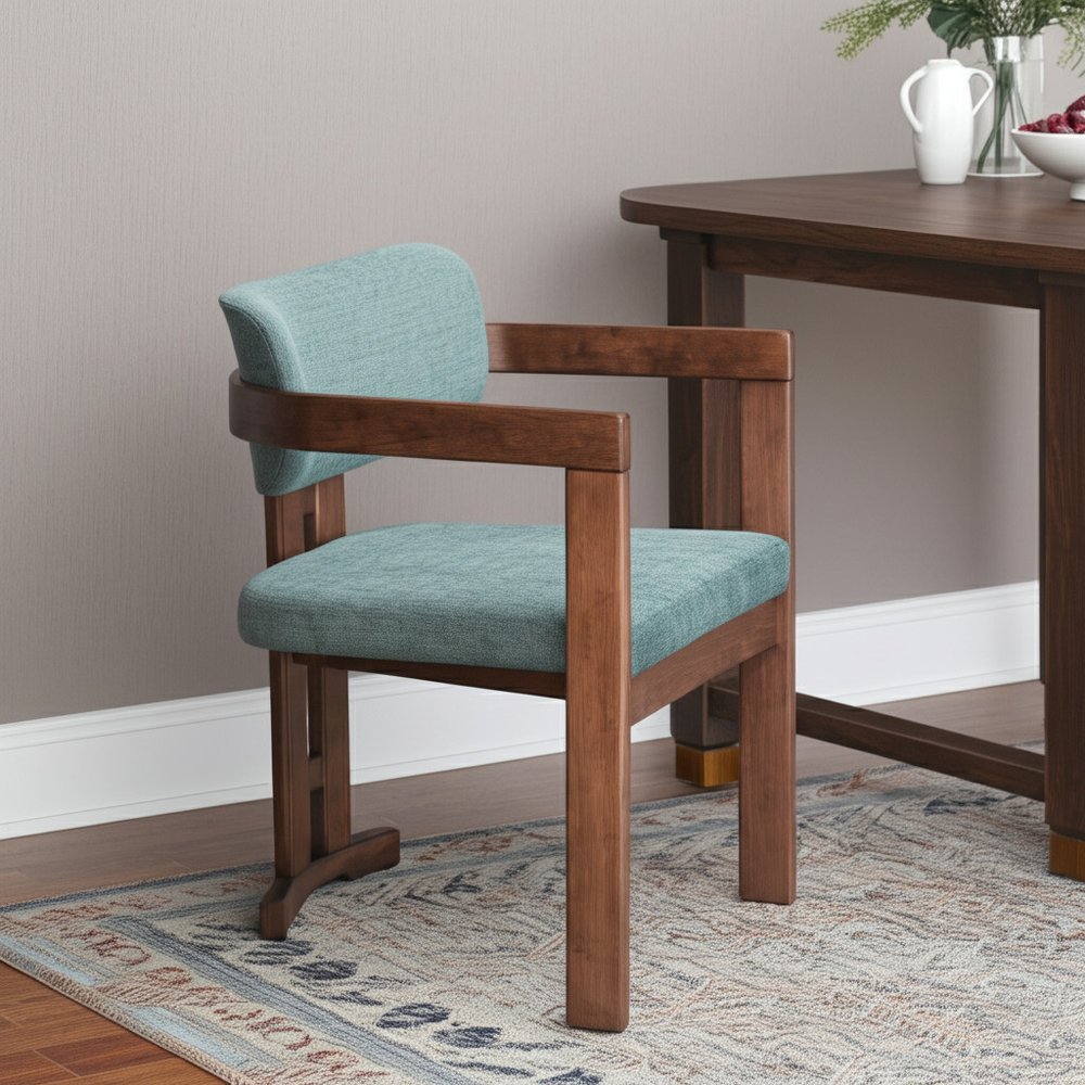 Gray And Walnut Upholstery And Solid Wood Open Back Dining Arm Chair