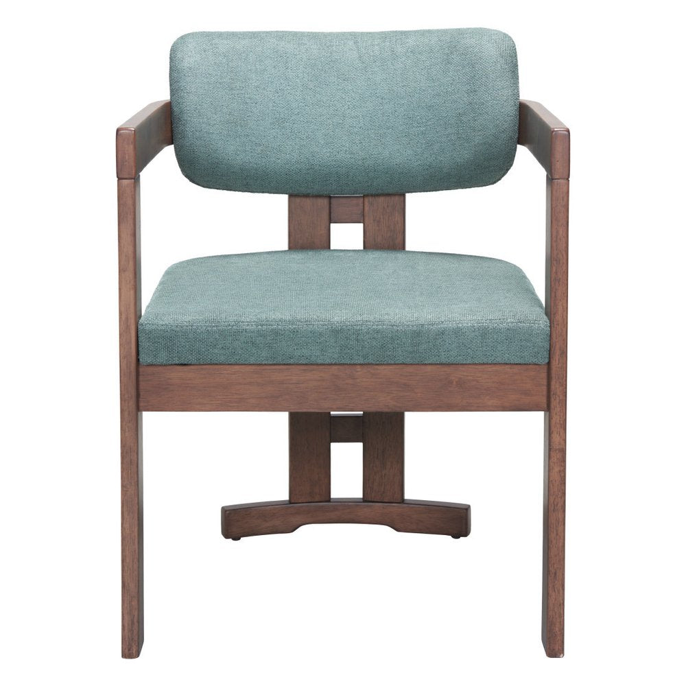 Gray And Walnut Upholstery And Solid Wood Open Back Dining Arm Chair