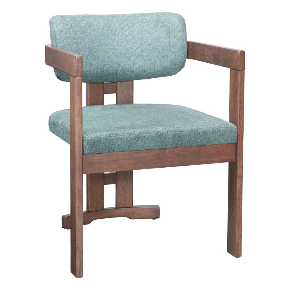 Gray And Walnut Upholstery And Solid Wood Open Back Dining Arm Chair