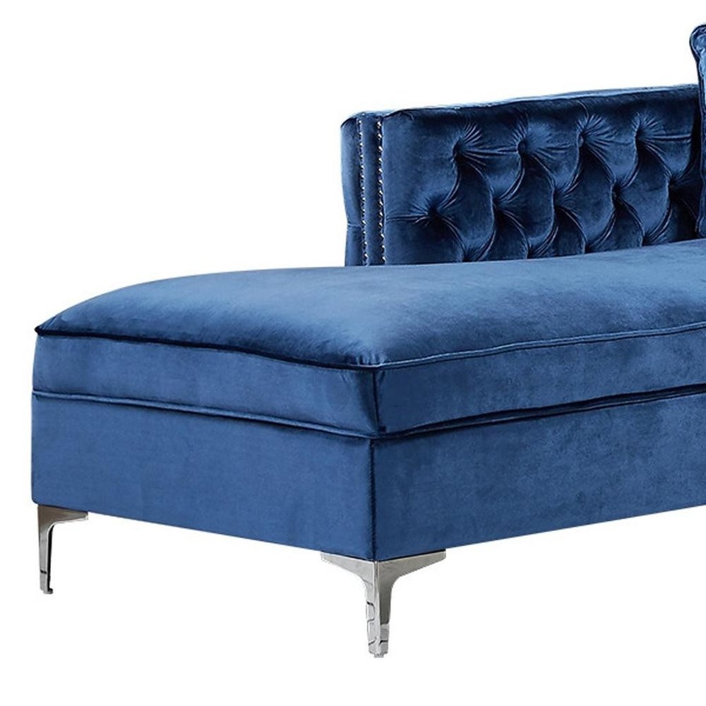 Navy Blue Velvet Rectangular Sofa and Chaise Sectional With Toss Pillows