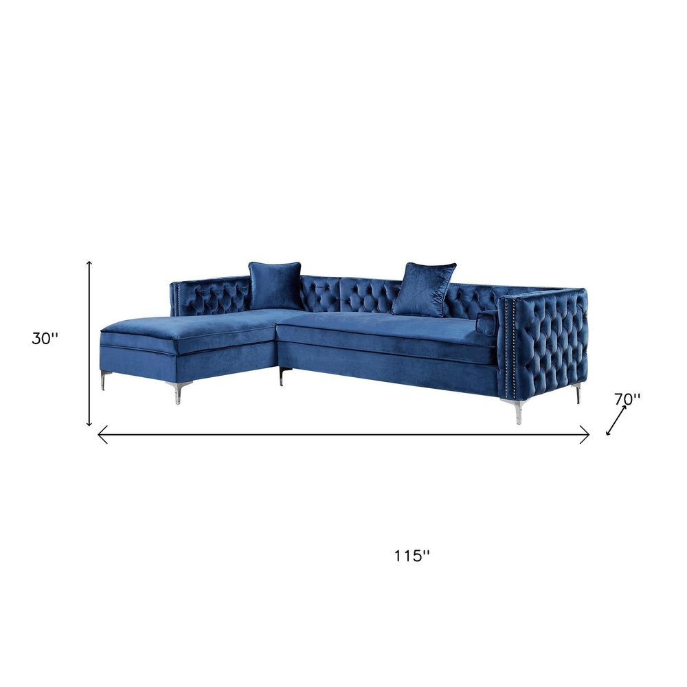 Navy Blue Velvet Rectangular Sofa and Chaise Sectional With Toss Pillows