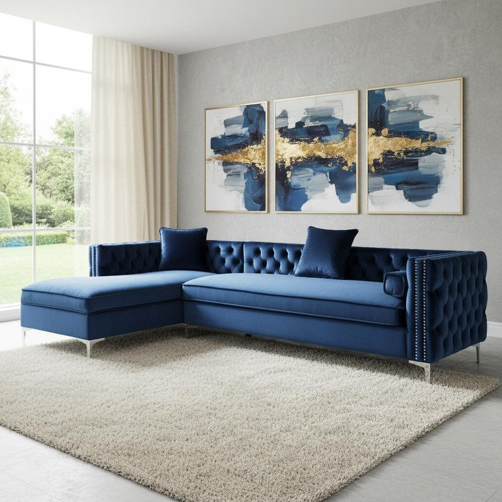 Navy Blue Velvet Rectangular Sofa and Chaise Sectional With Toss Pillows