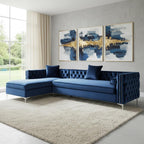 Navy Blue Velvet Rectangular Sofa and Chaise Sectional With Toss Pillows