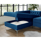 Navy Blue Velvet Rectangular Sofa and Chaise Sectional With Toss Pillows