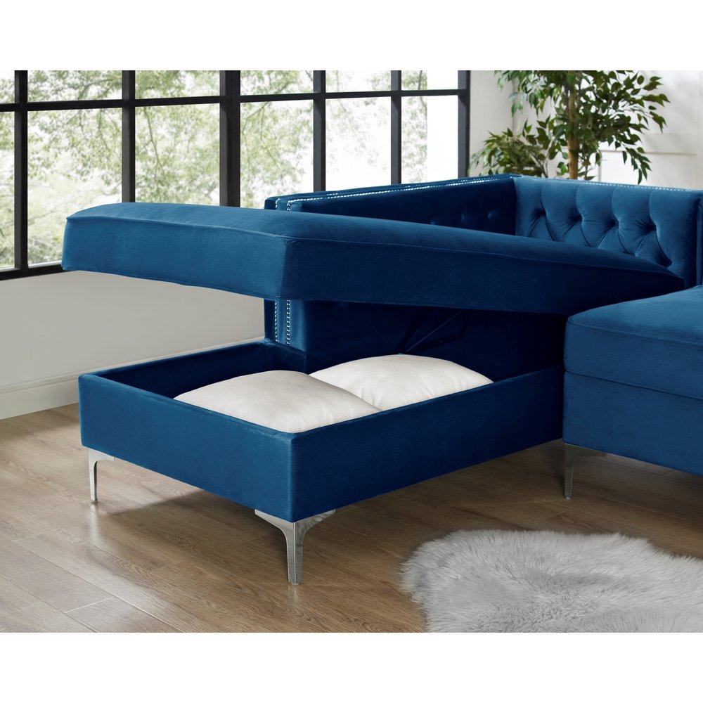Navy Blue Velvet Rectangular Sofa and Chaise Sectional With Toss Pillows