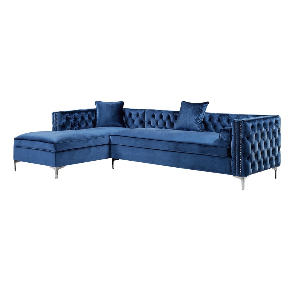 Navy Blue Velvet Rectangular Sofa and Chaise Sectional With Toss Pillows