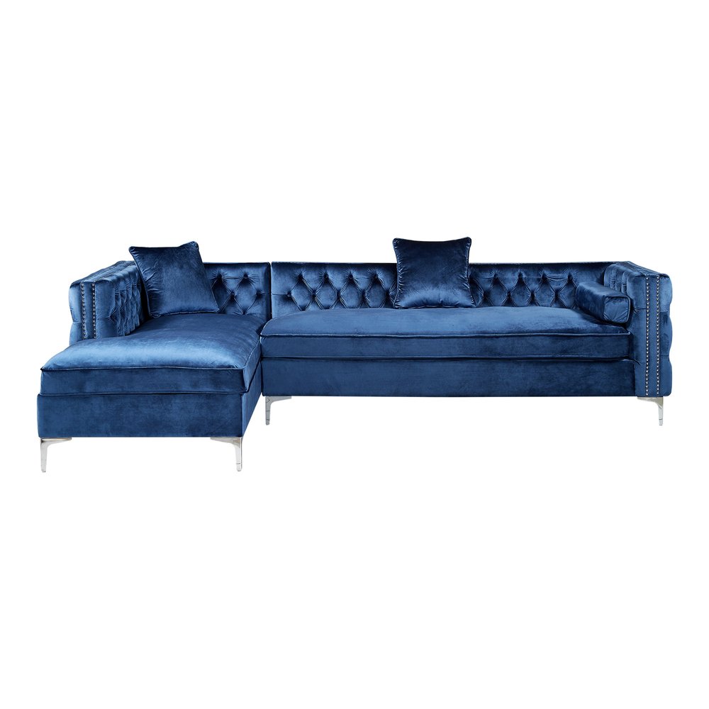 Navy Blue Velvet Rectangular Sofa and Chaise Sectional With Toss Pillows