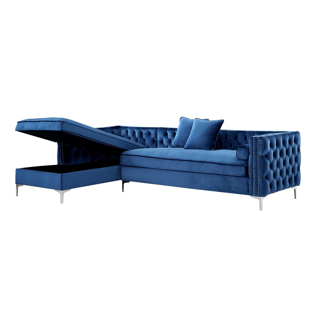Navy Blue Velvet Rectangular Sofa and Chaise Sectional With Toss Pillows