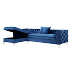 Navy Blue Velvet Rectangular Sofa and Chaise Sectional With Toss Pillows