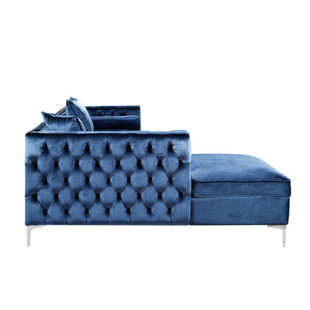 Navy Blue Velvet Rectangular Sofa and Chaise Sectional With Toss Pillows