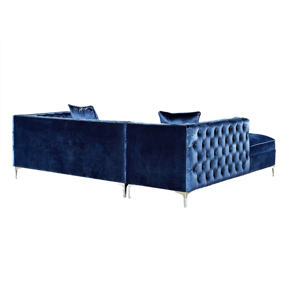 Navy Blue Velvet Rectangular Sofa and Chaise Sectional With Toss Pillows