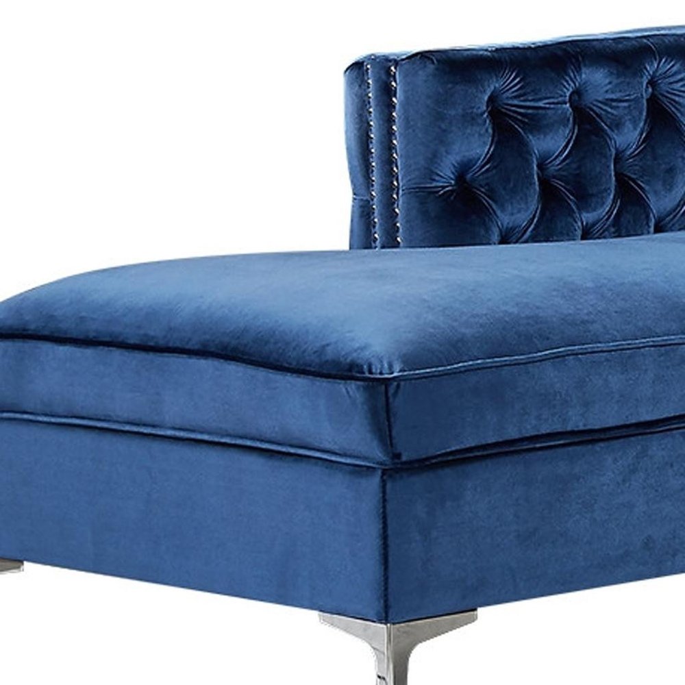 Navy Blue Velvet Rectangular Sofa and Chaise Sectional With Toss Pillows