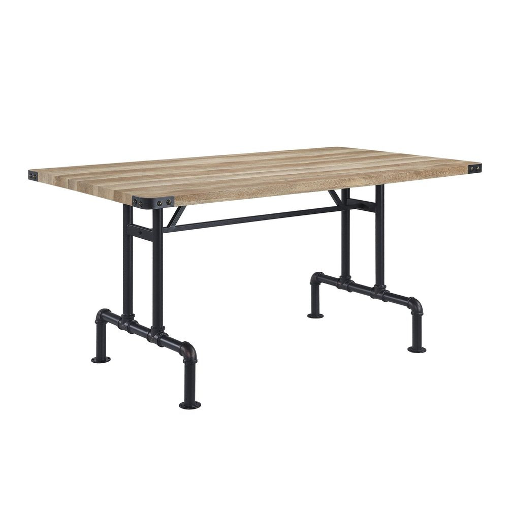 64" Oak and Black Wood and Iron Trestle Base Dining Table