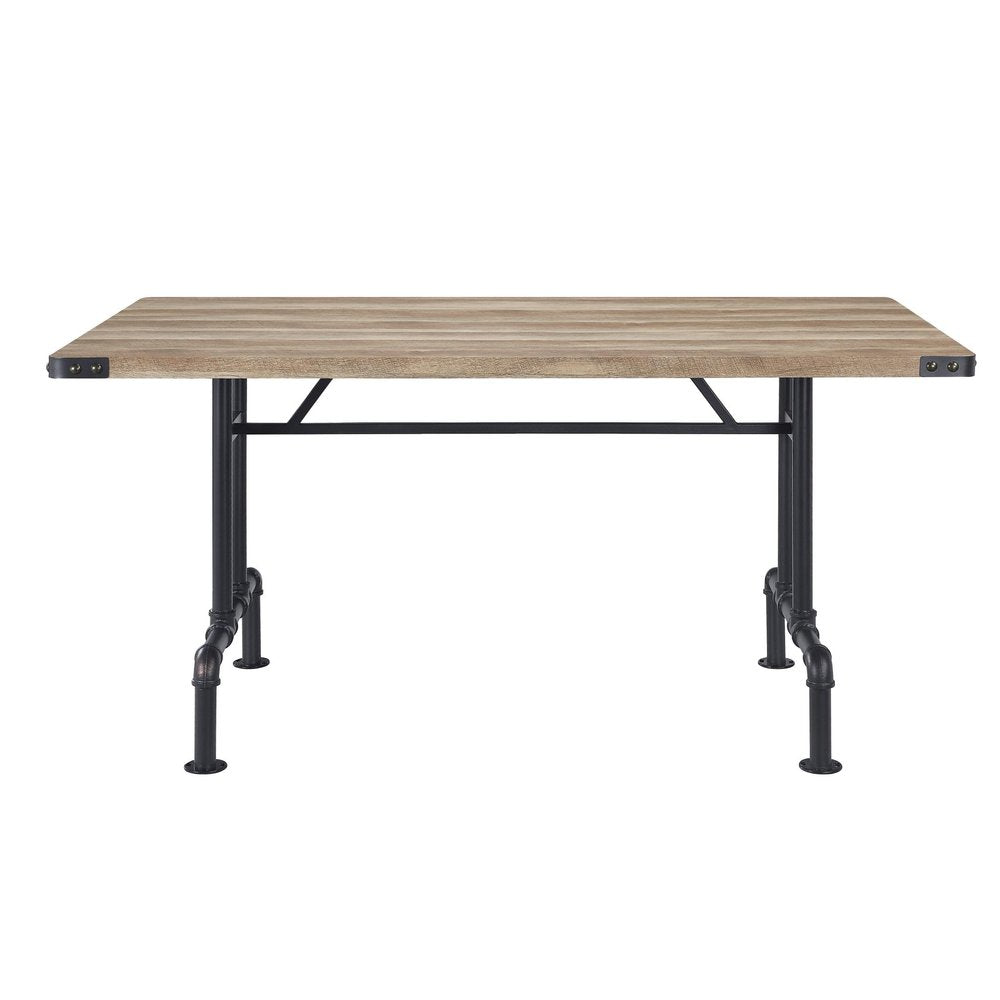 64" Oak and Black Wood and Iron Trestle Base Dining Table