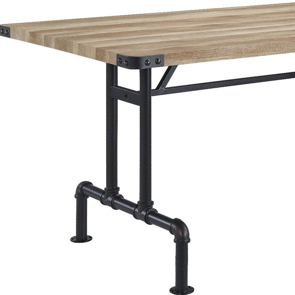 64" Oak and Black Wood and Iron Trestle Base Dining Table