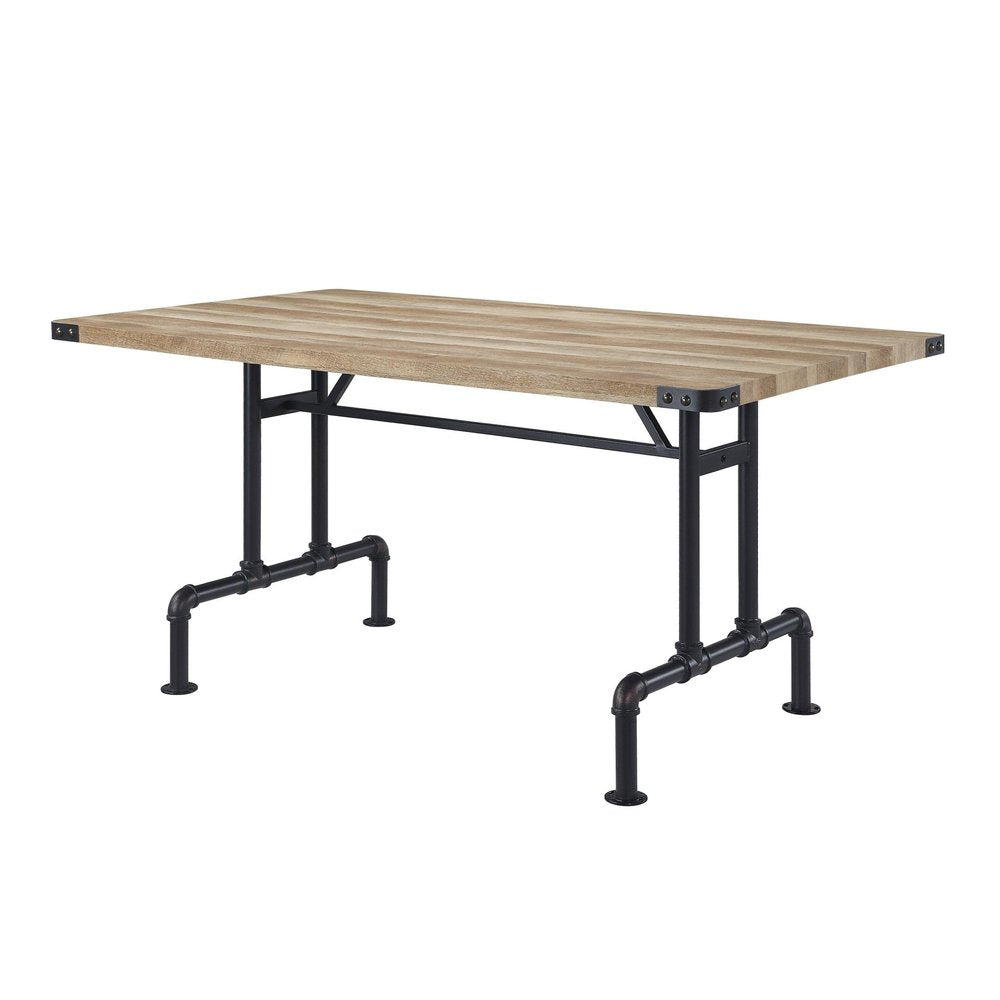 64" Oak and Black Wood and Iron Trestle Base Dining Table