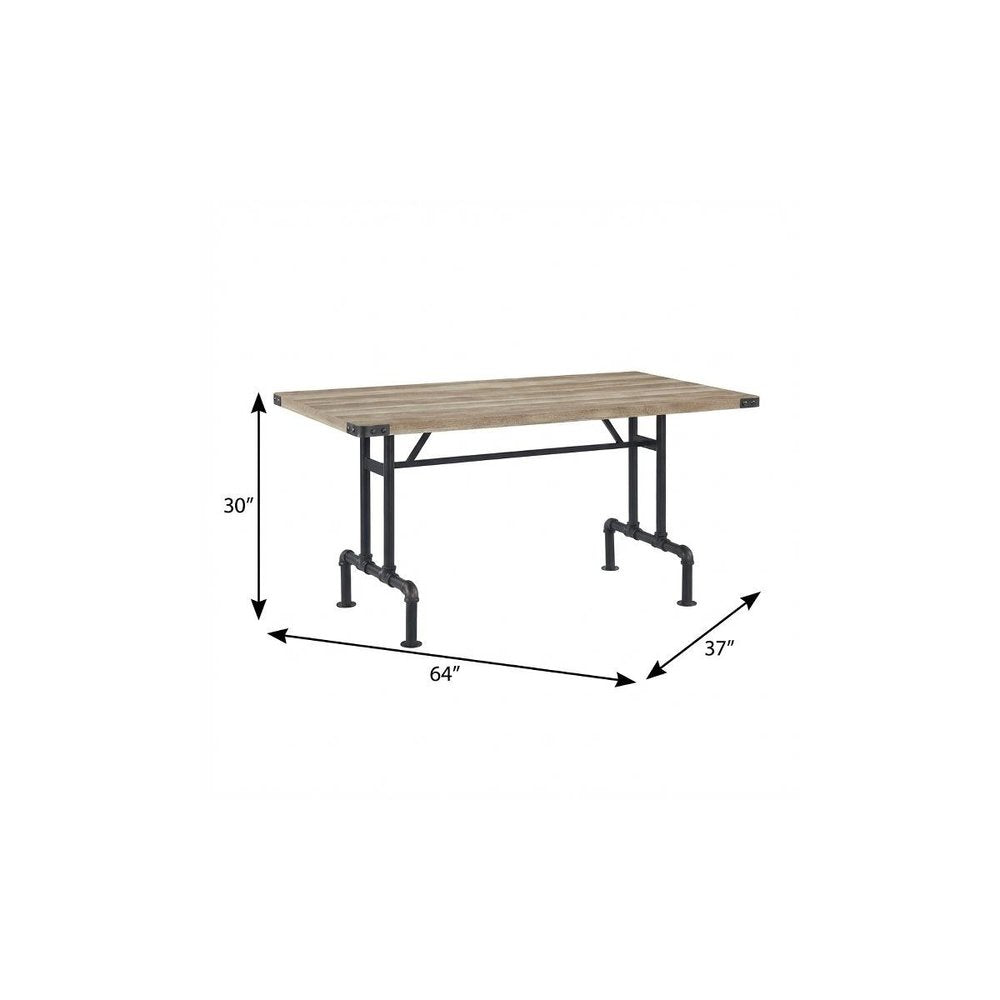 64" Oak and Black Wood and Iron Trestle Base Dining Table