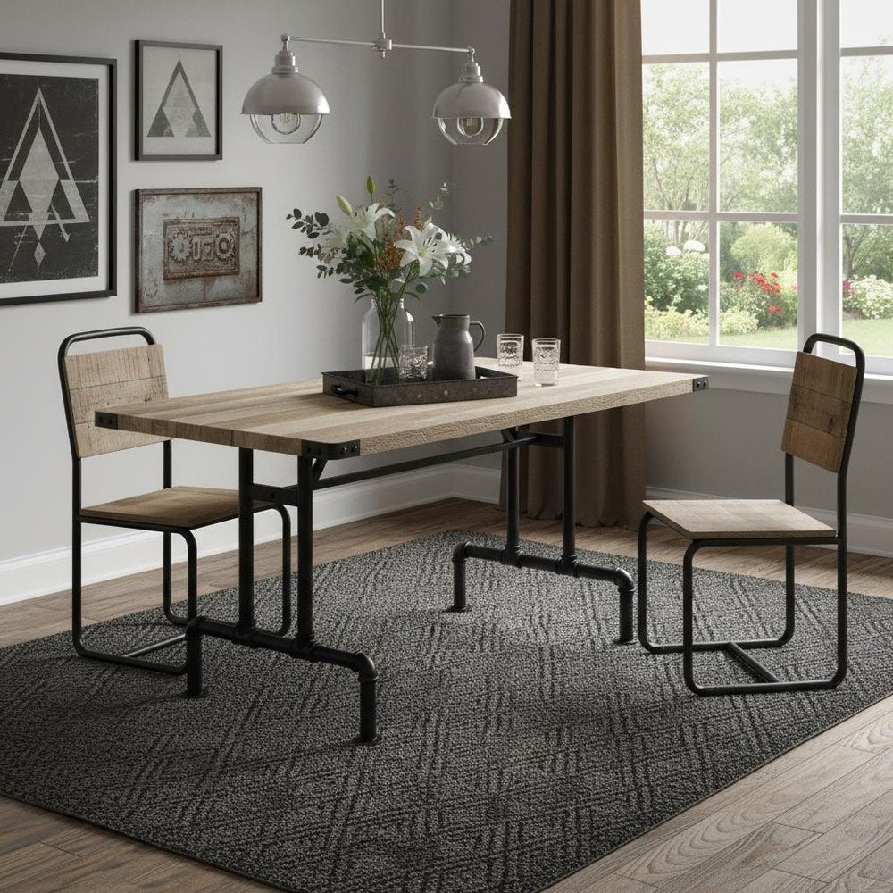 64" Oak and Black Wood and Iron Trestle Base Dining Table