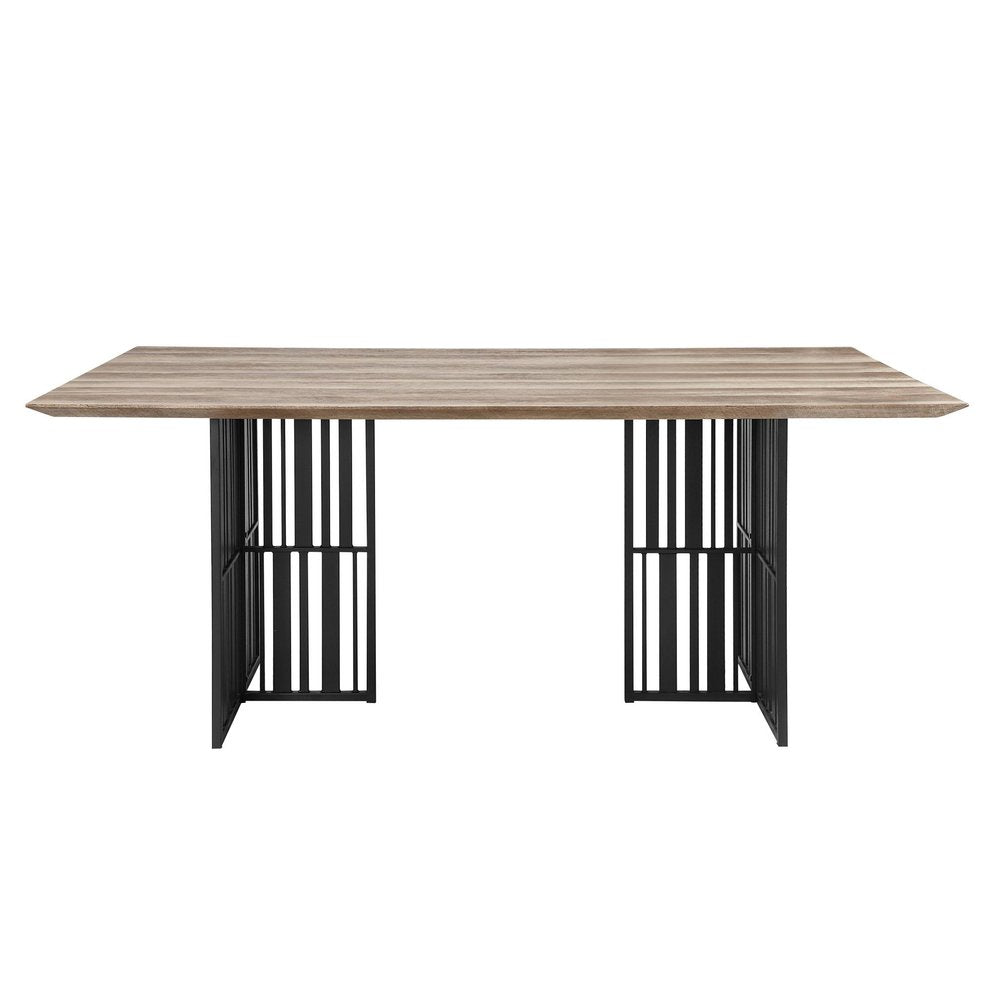72" Oak And Black Wood And Iron Double Pedestal Base Dining Table
