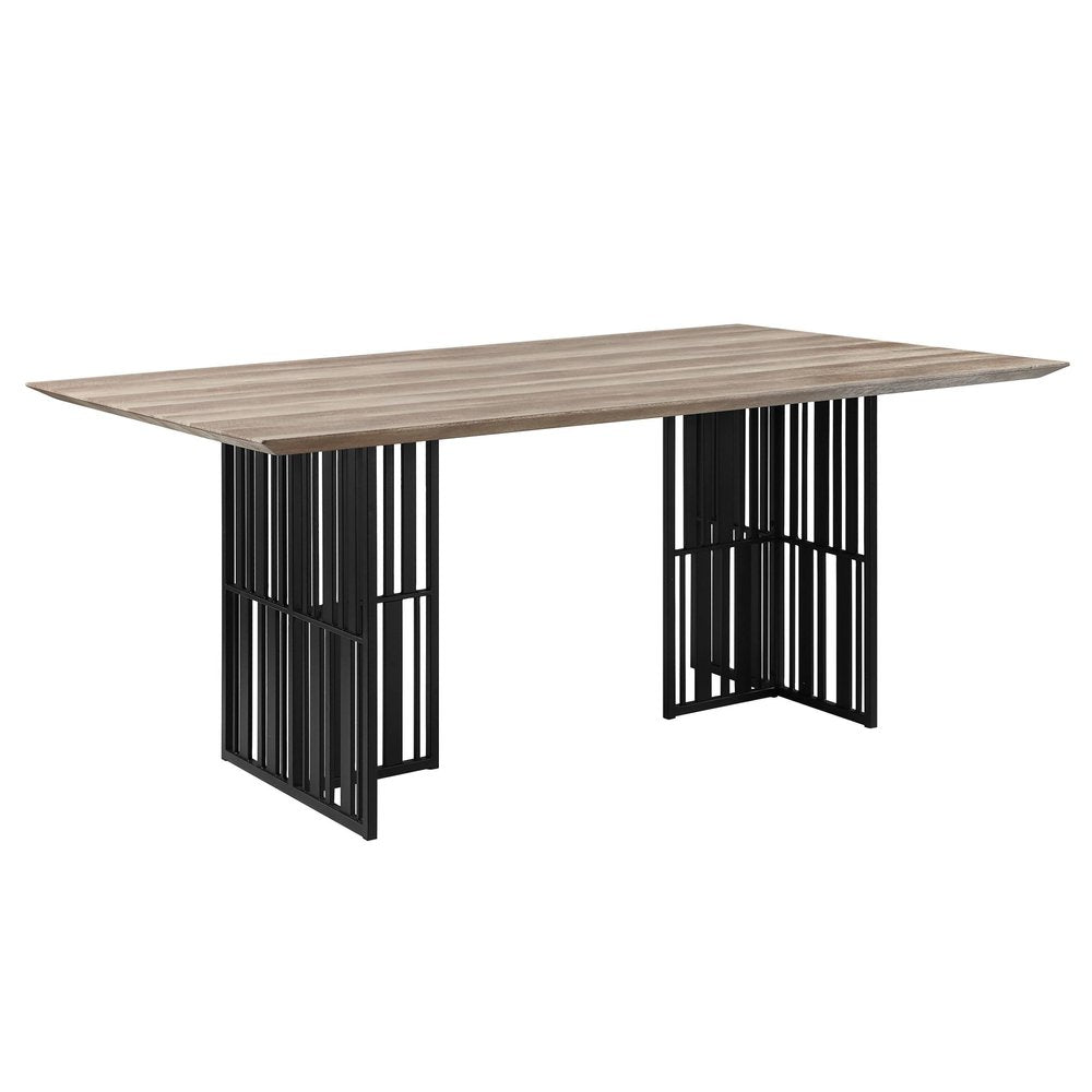 72" Oak And Black Wood And Iron Double Pedestal Base Dining Table