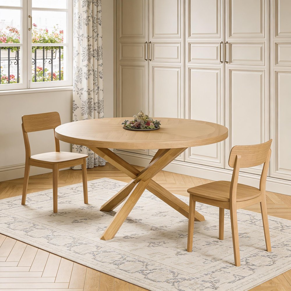 54" Oak Wood Cross Leg Base Round Top Dining Table