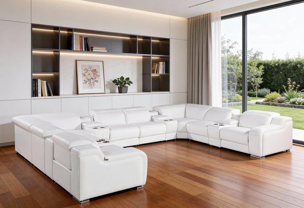 White Italian Leather Power Reclining U Shaped Twelve Piece Corner Sectional With Console