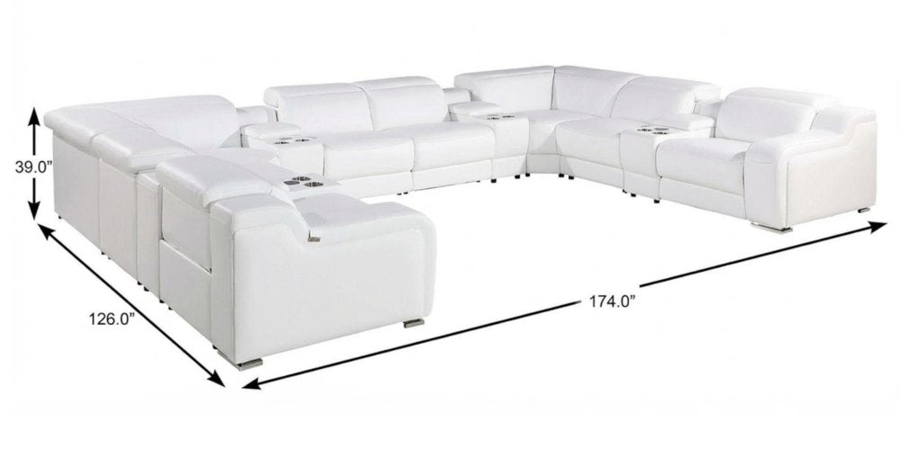 White Italian Leather Power Reclining U Shaped Twelve Piece Corner Sectional With Console