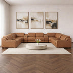 Chestnut Italian Leather Power Reclining U Shaped Twelve Piece Corner Sectional With Console