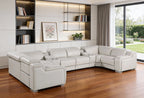 Light Gray Italian Leather Power Reclining U Shaped Eight Piece Corner Sectional With Console